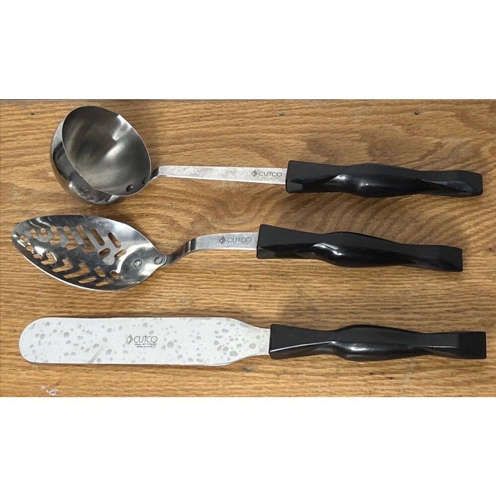 Cutco 3 Piece Utensil Set Brown Handle Slotted Spoon, Ladle, Long Spreader